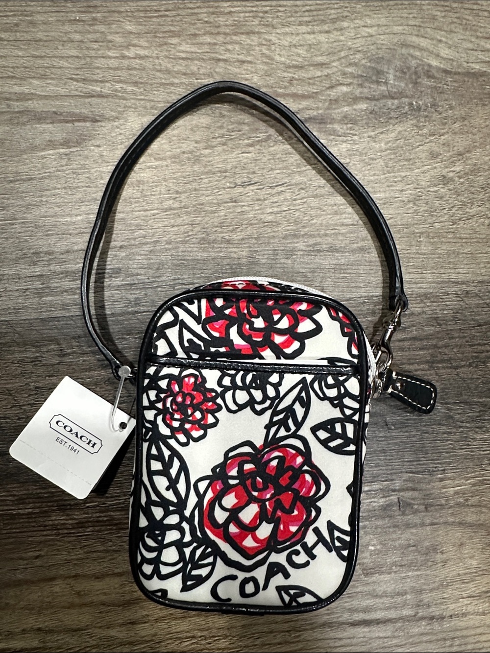 Coach White Floral Mini Wristlet - Red & Black